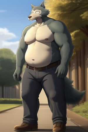 male, anthro_wolf, solo, legoshi_(beastars), morbidly obese, four hundred lbs, outgrown clothes, chunky, fat, gained weight, fat pectorals, thick legs, round belly, belly overhang, growing belly, belly bulging out, pants, tight pants, belt, fat love handles, moobs, shirtless, outside, college campus, khakis, clearly defined eyes, high quality, fat thick arms, horizontal crease lines between pectorals, plump ass, Standing, Arms at sides, high quality, realistic proportions, double chin, fat face, fat cheeks, nipples, belly
rolls.