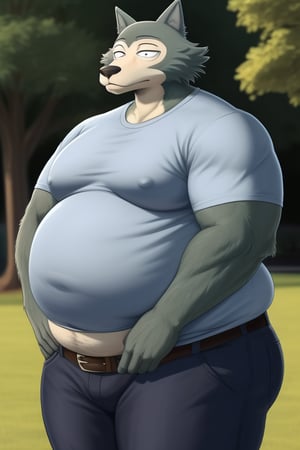 male, anthro_wolf, solo, legoshi_(beastars), morbidly obese, four hundred lbs, outgrown clothes, chunky, fat, gained weight, fat pectorals, thick legs, round belly, belly overhang, growing belly,tight clothing, belly bulging out, pants, tight pants, belt, fat love handles, moobs straining shirt, outside, college campus, tight shirt, blue shirt, elastic shirt, khakis, clearly defined eyes, high quality, fat thick arms, horizontal crease lines between pectorals, plump ass, Standing, Arms at sides, high quality, small black pupils no eyelids, staring at camera.