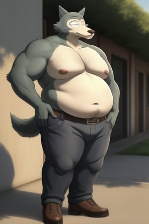 male, anthro_wolf, solo, legoshi_(beastars), obese, three hundred lbs, outgrown clothes, chunky, fat, gained weight, fat pectorals, thick legs, round belly, belly overhang, growing belly, belly bulging out, pants, tight pants, belt, fat love handles, moobs, shirtless, outside, college campus, khakis, clearly defined eyes, high quality, fat thick arms, horizontal crease lines between pectorals, plump ass, Standing, Arms at sides, high quality, realistic proportions, double chin, fat face, fat cheeks, nipples, fat
rolls.