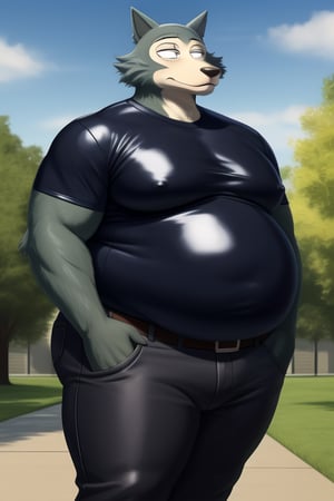 male, anthro_wolf, solo, legoshi_(beastars), obese, three hundred lbs, chunky, fat, gained weight, fat pectorals, thick legs, round belly, belly overhang, growing belly, belly bulging out, pants, tight pants, belt, fat love handles, moobs, shiny latex shirt, tight shirt, black shirt, rubber, elastic shirt, horizontal creases between pectorals, shirt tucked into pants, outside, college campus, khakis, clearly defined eyes, high quality, fat thick arms, horizontal crease lines between pectorals, plump ass, Standing, Arms at sides, high quality, realistic proportions, double chin, fat face, fat cheeks, nipples, fat
rolls.