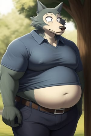 male, anthro_wolf, solo, legoshi_(beastars), morbidly obese, four hundred lbs, outgrown clothes, chunky, fat, gained weight, fat pectorals, thick legs, round belly, belly overhang, growing belly,tight clothing, belly bulging out, pants, tight pants, belt, fat love handles, moobs straining shirt, outside, college campus, tight shirt, blue shirt, elastic shirt, shirt tucked under pants,khakis, clearly defined eyes, high quality, fat thick arms, horizontal crease lines between pectorals, plump ass, Standing, Arms at sides, high quality, small black pupils no eyelids, staring at camera, realistic proportions, double chin, fat face, fat cheeks, nipples.