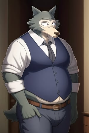 male, anthro_wolf, solo, legoshi_(beastars), slightly chubby chunky, fat, gained weight, fat pectorals, round belly, belly overhang, growing belly,tight clothing, belly bulging out, pants, tight pants, belt, fat love handles, moobs straining shirt, dorm room, blue vest, school uniform, khakis, clearly defined eyes, high quality, fat thick arms, buttons straining, horizontal crease lines between pectorals, plump ass, Standing, Arms at sides, high quality, small black pupils no eyelids, staring at camera.