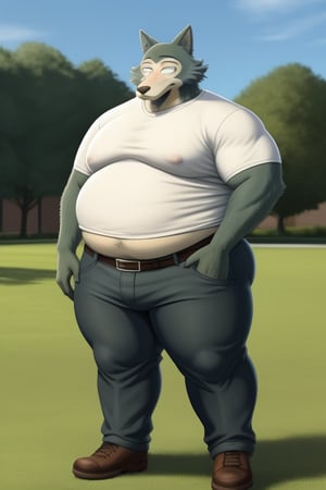 male, anthro_wolf, solo, legoshi_(beastars), morbidly obese, four hundred lbs, outgrown clothes, chunky, fat, gained weight, fat pectorals, thick legs, round belly, belly overhang, growing belly,tight clothing, belly bulging out, pants, tight pants, belt, fat love handles, moobs straining shirt, outside, college campus, tight shirt, blue shirt, elastic shirt, shirt tucked under pants,khakis, clearly defined eyes, high quality, fat thick arms, horizontal crease lines between pectorals, plump ass, Standing, Arms at sides, high quality, small black pupils no eyelids, staring at camera, realistic proportions.