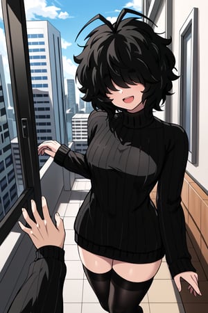 high quiality ,masterpiece,highly detailed,beautiful,1girl and 1boy,Yuu,UraPan,UraBread(girl, short hair, open mouth, bangs, black hair, thighhighs, long sleeves, ahoge, black thighhighs, sweater, sleeves past wrists, , turtleneck, antenna hair, messy hair, ribbed sweater, turtleneck sweater, hair over eyes, black sweater),date,walking,city,c0upl3,couple_(romantic),male pov, solo focus, pov hands,cuddling,from side, from behind, ou,smiling,sitting on the bench,arms_above_head