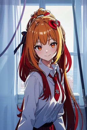 masterpiece, high quality, beautiful, 1girl, solo_female, 1 girl, skirt, uniform, yellow hair with orange highlights, orange eyes,long hair, breasts, looking at viewer, smile, bangs, skirt, blonde hair, shirt, hair ornament, red eyes, long sleeves, ribbon, closed mouth, hair ribbon, white shirt, heart, red hair, multicolored hair, necktie, collared shirt, virtual youtuber, red necktie, high-waist skirt, brown skirt