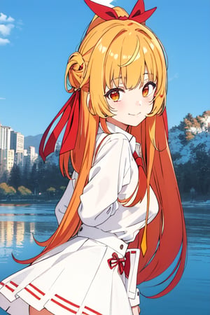 masterpiece, high quality, beautiful, 1girl, solo_female, 1 girl, skirt, uniform, yellow hair with orange highlights, orange eyes,long hair, breasts, looking at viewer, smile, bangs, skirt, blonde hair, shirt, hair ornament, red eyes, long sleeves, ribbon, closed mouth, hair ribbon, white shirt, heart, red hair, multicolored hair, necktie, collared shirt, virtual youtuber, red necktie, high-waist skirt, brown skirt