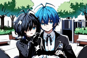 high quiality ,masterpiece,highly detailed,beautiful,(medium long shot) ,1girl and 1boy,Yuu,UraPan,UraBread(1girl, short hair, open mouth, bangs, black hair, thighhighs, long sleeves, sitting, ahoge, black thighhighs, sweater, sleeves past wrists, , turtleneck, antenna hair, messy hair, ribbed sweater, turtleneck sweater, hair over eyes, black sweater),date in the park,touching hair,cuddling,c0upl3,male_pov,female_focus,1boy, short hair, bangs, blue eyes, shirt, gloves, long sleeves,makotoyuki(1boy, ribbon, hair between eyes, closed mouth, school uniform, blue hair, jacket, white shirt, upper body, male focus, open clothes, black gloves, collared shirt, open jacket, black jacket, dress shirt, black ribbon, neck ribbon, wing collar, head rest, gekkoukan high school uniform, yuuki makoto)yuu together makotoyuki,