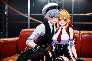 highly detailed, masterpiece, high quality, beautiful,couple,romance, 1girl (long hair, breasts, blush, bangs, blonde hair, shirt, red eyes, thighhighs, gloves,in love), 1boy (jacket, braid, grey hair, necktie, shorts, black gloves, collared shirt, vest, thigh strap, white headwear, black pants, white jacket,scar on left eye,sexy look, looking at viewer,smug),having fun together, mechanical arms, hugging each other,smiling together,sitting together hugging on a sofa,