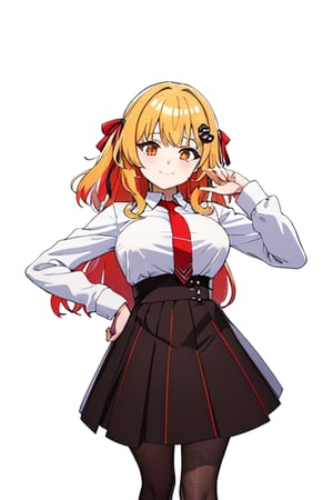 masterpiece, high quality, beautiful, 1girl, solo_female, 1 girl, skirt, uniform, yellow hair with orange highlights, orange eyes,long hair, breasts, looking at viewer, smile, bangs, skirt, blonde hair, shirt, hair ornament, red eyes, long sleeves, ribbon, closed mouth, hair ribbon, white shirt, heart, red hair, multicolored hair, necktie, collared shirt, virtual youtuber, red necktie, high-waist skirt, brown skirt