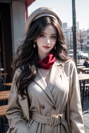 masterpiece, best quality, very aesthetic, absurdres, 32k UHD, depth of field, high vibrant, dynamic cinematic view, chiaroscuro, portrait. 1girl, solo, ((long straight hair)), (long hair over one eye, luscious hair:1.2), slight smile, looking at viewer, bangs, black hair, upper body, white silk shirt, beige long coat, collared shirt, outdoors, grey eyes, expressive eyes, wavy hair, dress, white berets, earrings, exquisitely detailed real skin texture,wearing beige coat, wide belt, checkered red scarf, comb hair with one hand, from below, sunset light, the background is outdoor cafe, fallen maple leaves, Realism,NJI BEAUTY,taiwanese,Woman,yoona