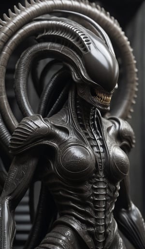 A close-up shot of an HR Giger-designed Xenomorph's body,female alien, large breasts, long tentacle as hair, intricately covered with Aztec-style tattoos, Geometric patterns, spirals, and depictions of Aztec deities adorn its sleek, muscular physique, highlighting its exoskeleton.(Slippery surface),. The futuristic alien's elongated head and razor-sharp teeth are partially visible, as it gazes menacingly into the distance, dynamaic pose.,FuturEvoLabTattoo