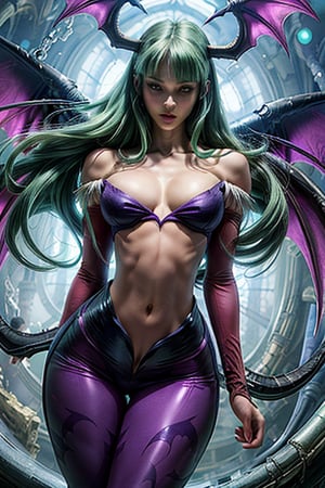 Morrigan Aensland , blue eyes, suit, animefication, green hair (very long hair, undercut, asymmetrical hair), sexygirl, (masterpiece, best quality:1.1), medium_breasts, accentuated breast, large pelvic, wide hip, narrow waist, curvy waist, ((slim, skinny waist:1.4)), stockings, seductress, tempting, smug face, ((wide hips)), ((huge pelvic),morrigan,Darkstalkers