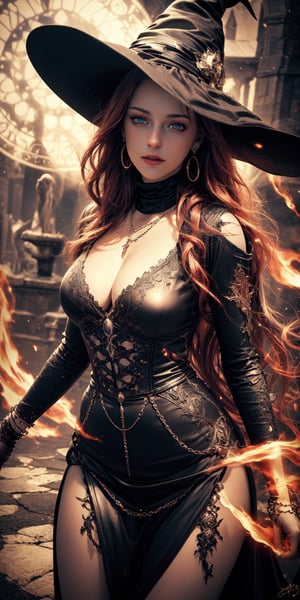 (Best quality, 32k, Masterpiece, Photorealistic, high contrast, UHD:1.2),lifelike rendering, aesthetic, 

1girl, beautiful witch ,a medieval witch woman, milf, with long red hair, ready to attack, Casting Fire Spell, in a magic circle, stunning, highly detailed glossy eyes, glossy lips, detailed facial features, natural medium-large breasts, wide hips, model like curves body, necklace, earrings, bracelet, witch dress, full embroidery details, 1 girl,realism, realism, color correction, proper lighting settings, harmonious, composition, tempest, magic, Circle, Fantasy,More Detail,light particles