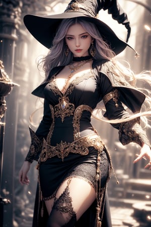 (Best quality, 32k, Masterpiece, Photorealistic, high contrast, UHD:1.2),lifelike rendering, high-resolution clarity,  RAW pictures, real photo,Best Quality, photorealistic, ultra-detailed, finely detailed, high resolution, perfect dynamic composition,

1girl, beautiful witch ,a medieval witch woman, milf, very long white hair, ready to attack, Casting dark Spell, purple magic light, in a magic circle, stunning, highly detailed glossy eyes, dark lips, detailed facial features, large breasts, narrow waist, wide hips, model like curves body, necklace, earrings, bracelet, witch dress, high slit skirt, stockings, full embroidery details, perfact hands, 1 girl,realism, realism, color correction, proper lighting settings, harmonious, composition, tempest, magic, Circle, Fantasy,More Detail,light particles,Detailedface