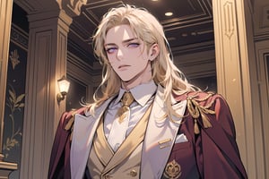 1man, mature, ((Goldenrod hair)), ((long coli hair)), (((half-down))), (purple eyes), mature, ((Medium score)), To reveal the forehead, handsome, angular jaw, thick neck, serious, ready for battle, royal, prince, upper body, male focus, (((White Three-piece Suit:1.3))), long sleeve, by Raphael, masterpiece, upper body shot, magnificent indoor hall