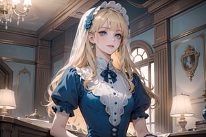 1 little girl, solo, ((Blonde hair)), (blunt bangs), wavy long hair, blue eyes, ((small chest:1.3)), seductive smile, Bonnet, wearing a ((cyan_blue Romanticism dress)), by Raphael, masterpiece, upper body shot, magnificent indoor hall