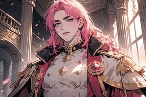 1 mature man, solo,((Fuchsia hair)), (thick eyebrows), curly hair, lash grazing bangs, blue eyes, ((medium muscle)),ready for battle, handsome, angular jaw, military, soldier, army, long sleeve, Greatcoat, by Raphael, masterpiece, upper body shot, magnificent indoor hall
