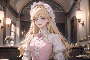 1 little girl, solo, ((Blonde hair)), (blunt bangs), wavy long hair, blue eyes, ((small chest:1.3)), seductive smile, Bonnet, wearing a ((pink Romanticism dress)), by Raphael, masterpiece, upper body shot, magnificent indoor hall