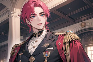 1 man, (((solo focus))), ((Fuchsia hair)), ((thick eyebrows)), ((curly medium hair)), ((lash grazing bangs)), blue eyes, mature, ((thin:1.5)), (((slim figure:1.5))), (((narrow shoulders:1.5))), handsome, angular jaw, thick neck, serious, military, soldier, army, (military uniform:1.3), long sleeve, by Raphael, masterpiece, upper body shot, magnificent indoor hall