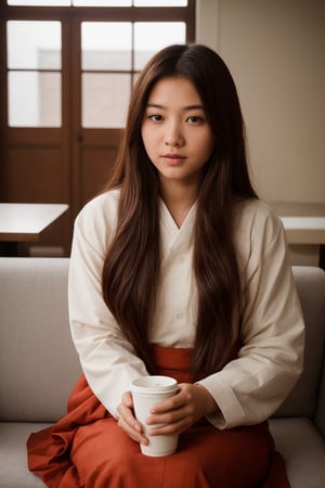 A photorealistic portrait of an 18-year-old korean girl with captivating beauty, her hair is long and dyed brick red, dressed in a traditional indian wear that highlight her natural beauty. The background should depict a temple, with soft lighting, comfortable seating, and people enjoying their coffee and conversation. The girl's expression should be one of peace and contentment, showcasing her enjoyment of the moment.,SD 1.5