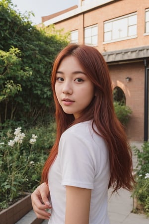 A photorealistic portrait of an 18-year-old korean girl with captivating beauty, her hair is long and dyed brick red, dressed like a influencer that highlight her natural beauty. The background should depict a garden, and people enjoying and conversation. The girl's expression should be one of peace and contentment, showcasing her enjoyment of the moment.,SD 1.5