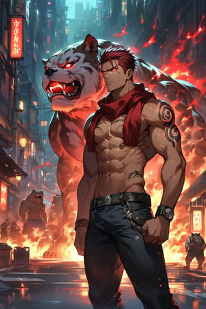 A relaxed handsome Maori Polynesian standing next to a ferocious bulldog, wearing red and black jean jacket and black jeans, wearing a small red scarf around his neck, short dark red hair, dark brown skin, glowing dark red Maori Tattoos,. Framed by a street, his chiseled physique menacing. A shimmering dark red aura surrounds him, accompanied by glowing eyes that seem to pierce through the atmosphere. Looking out into the distance, he exudes confidence and power as he prepares for battle.