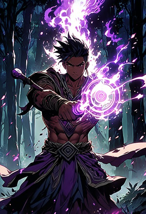 score_9, source_anime, (?-panel comic)(A heroic masculan Maori Polynesian boy wizard, magical scepter, casting spell pose, Ta moko tattoos, frontal shot, mystical forest background, full body portrait, complementary colors, fantasy concept, anime protagonist unleashing their ultimate attack. The character is in a dynamic pose, floating with purple energy radiating from their hand and eyes. The scene is vibrant with intense purple light, motion lines, and a powerful purple aura around the protagonist. The background can vary from a battle-scarred landscape to diverse environments like a city, forest, or futuristic setting. The ultimate attack can take on different forms and elements, such as beams of energy, elemental effects, or large explosions.)Dynamic Angles: Use dramatic camera angles, like low-angle shots looking up at your protagonist or high-angle shots looking down on them, to create a sense of scale and power. Wide Shots: Employ wide shots to show the full scope of an attack and the surrounding environment, emphasizing its impact. Motion Blur: Apply a motion blur effect to capture the speed and force of an attack, making a scene feel more dynamic and energetic.