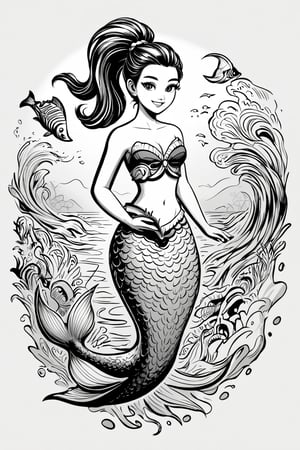 mermaid girl surrounded by fish and dolphins, ponytail, ocean breeze, maori polynesian patterns. coloring page illustration, only black and white colors, without shadows and grey, white background, thin lines, outline vector style graphic, subtle smile,design,abstract,graffiti,Grt2c,ColoringBookAF,Coloring Book