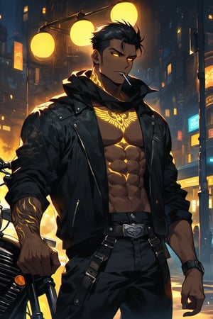 A relaxed handsome Maori Polynesian guy standing next to a Harley Davidson motorbike, black long sleeve shirt and black pants, wearing a black scarf on his neck, short black hair, dark brown skin, glowing yellow Maori Tattoos,. Framed by a dark street light, his chiseled physique relaxed smoking. A shimmering yellow aura surrounds him, accompanied by glowing eyes that seem to pierce through the atmosphere. Looking out into the distance, he exudes confidence and power as he prepares for battle.