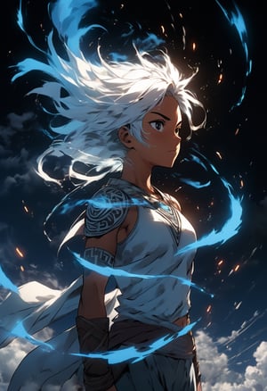 score_9, source_anime, (?-panel comic)(A heroic little Maori Polynesian girl with short white hair, side view, she is looking out to the distance, anime protagonist unleashing their ultimate wind attack. The character is in a dynamic pose, folding arms floating in the sky with energy radiating from their feet. The scene is vibrant with intense light, motion lines, and a powerful ocean aura around the protagonist. The background can vary from a battle-scarred landscape to diverse environments like a stormy cloud, or futuristic setting. The ultimate attack can take on different forms and elements, such as beams of energy, elemental effects, or large explosions.)Dynamic Angles: Use dramatic camera angles, like low-angle shots looking up at your protagonist or high-angle shots looking down on them, to create a sense of scale and power. Wide Shots: Employ wide shots to show the full scope of an attack and the surrounding environment, emphasizing its impact. Motion Blur: Apply a motion blur effect to capture the speed and force of an attack, making a scene feel more dynamic and energetic.