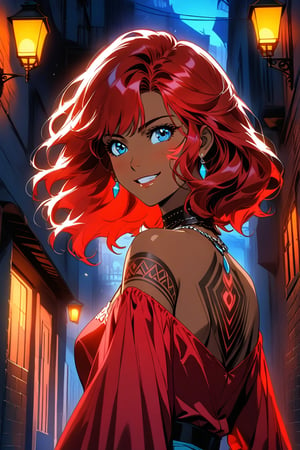 A beautiful Maori Polynesian girl smiles and blushes, looking to the side, side view, wears an ruby red dress that blends in with the surrounding of the dark alley way, dark brown skin. Her red hair, moved by the wind, frames a delicate and determined face.
Glowing Maori Tattoos.
In the background, an alleyway, wrapped in a magical blue atmosphere. Small fireflies dance among the walls,
The image must convey a sense of wonder, discovery and power. The colors should be bright and saturated, with a predominance of reds, blues. The lights and shadows must create a suggestive contrast, emphasizing the magic of the scene.
A Disney cartoon from the 80s, with clean lines and bright colors. The image must have a soft and dreamy look, with a touch of romance