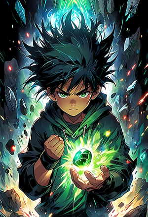 score_9, source_anime, (?-panel comic)(A little Maori Polynesian boy with a black hoodie holding a green stone radiating many bright colors, he is looking at the green stone, anime protagonist has dark blue hair looking amazed. The character has energy radiating from their hand. The scene is vibrant with intense light, motion lines, and a powerful aura around the green stone. The background can vary from a battle-scarred landscape to diverse environments like a cave, tunnel, or futuristic setting. The ultimate scene can take on different forms and elements, such as beams of energy, elemental effects, or large explosions.)Dynamic Angles: Use dramatic camera angles, like low-angle shots looking up at your protagonist or high-angle shots looking down on them, to create a sense of scale and power. Wide Shots: Employ wide shots to show the full scope of an attack and the surrounding environment, emphasizing its impact. Motion Blur: Apply a motion blur effect to capture the speed and force, making a scene feel more dynamic and energetic.