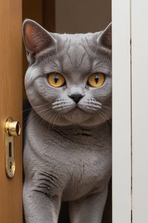 cat male, British Shorthair,Looking at you with a smile from the crack in the door