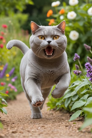 cat male, British Shorthair,running in the garden, roaring