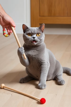 cat male, British Shorthair,Playing with the funny cat stick