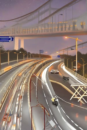 The image depicts a night-time scene on a highway. The sky is dark, suggesting it's either after sunset or before sunrise. The bridge in the background has lights on, indicating it's likely a time of low natural light. The vehicles have their headlights and taillights on, which is required by law for visibility and safety during nighttime driving. There's a motorcyclist on the road, also adhering to safety standards by wearing a helmet. The absence of shadows and the presence of artificial lighting are key indicators of the time of day.