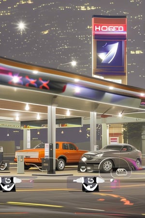 This image shows a night scene at a HASCOL gas station. The primary subjects are the illuminated gas station signage and the vehicles present, indicating a service area during nighttime operations.