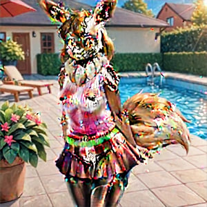 by artist name, BREAK, ((solo, anthro, eevee, female, clothed, pink sweater, sleeveless, red skirt, black pantyhose, looking at viewer, standing, front view, three-quarter view, outdoors, swimming pool, plant, sunny day)), BREAK, best quality, high quality, masterpiece, 4k, 8k, hd