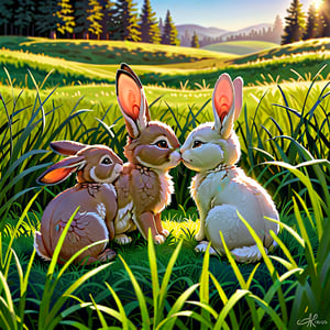 A serene image of baby rabbits nestled in a field of soft, green grass. The scene is framed with the rabbits in the foreground, their fluffy bodies contrasting with the lush grass. Soft, natural lighting illuminates the field, highlighting the gentle curves of the rabbits' bodies. The composition focuses on the peaceful interaction between the rabbits and their environment, capturing a moment of tranquility.