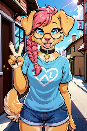 (solo, anthro, female, golden retriever, dog, canine, pink hair, cream fur, pastel fur, braids, blue eyes, pink nose, glasses, round glasses, clothed, black collar, blue t-shirt, blue shorts:1.3), ((((looking at viewer, wink, smile, closed mouth, tongue out, v sign, standing)))), half-body portrait, front view, cowboy shot, scenery, city, outdoors BREAK (by yourdigimongirl:1.4), (by minus8:0.6), (by ittybittykittytittys:1.10), 2d \(artwork\), digital drawing \(artwork\), simple shading BREAK best quality, high quality, extremely high quality, masterpiece, 4k, 8k, 32k, 128k, hd, uhd, fhd, hi res, absurd res, superabsurd res, huge filesize, absurd filesize, insane res, ludicrous res, irreplaceable bvas, highest quality, professional work, vibrant colors, crisp outline, detailed, extremely detailed, high detail, detailed scenery, amazing scenery, beautiful, cute, adorable, soooo cute!!!!, fine details, absurd quality, absolute masterpiece, wonderful, wonderful art, marvelous, marvelous art, a1, extremely good