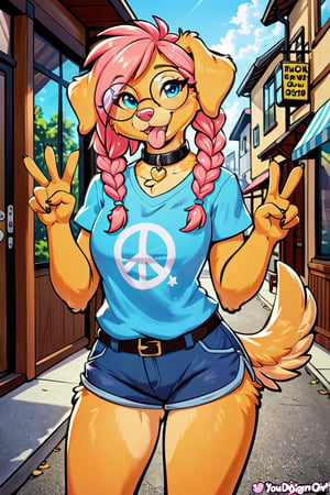 (solo, anthro, female, golden retriever, dog, canine, pink hair, cream fur, pastel fur, braids, blue eyes, pink nose, glasses, round glasses, clothed, black collar, blue t-shirt, blue shorts:1.3), ((((looking at viewer, wink, smile, closed mouth, tongue out, v sign, standing)))), half-body portrait, front view, cowboy shot, scenery, city, outdoors BREAK (by yourdigimongirl:1.4), (by minus8:0.6), (by ittybittykittytittys:1.10), 2d \(artwork\), digital drawing \(artwork\), simple shading BREAK best quality, high quality, extremely high quality, masterpiece, 4k, 8k, 32k, 128k, hd, uhd, fhd, hi res, absurd res, superabsurd res, huge filesize, absurd filesize, insane res, ludicrous res, irreplaceable bvas, highest quality, professional work, vibrant colors, crisp outline, detailed, extremely detailed, high detail, detailed scenery, amazing scenery, beautiful, cute, adorable, soooo cute!!!!, fine details, absurd quality, absolute masterpiece, wonderful, wonderful art, marvelous, marvelous art, a1, extremely good