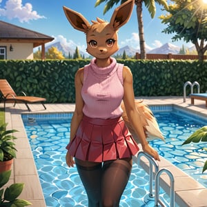 by artist name, BREAK, ((solo, anthro, eevee, female, clothed, pink sweater, sleeveless, red skirt, black pantyhose, looking at viewer, standing, front view, three-quarter view, outdoors, swimming pool, plant, sunny day)), BREAK, best quality, high quality, masterpiece, 4k, 8k, hd