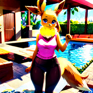 by artist name, BREAK, ((solo, anthro, eevee, female, clothed, pink sweater, sleeveless, red skirt, black pantyhose, looking at viewer, standing, front view, three-quarter view, outdoors, swimming pool, plant, sunny day)), BREAK, best quality, high quality, masterpiece, 4k, 8k, hd