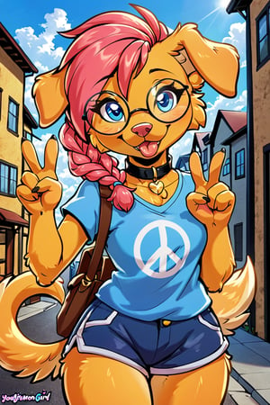 (solo, anthro, female, golden retriever, dog, canine, pink hair, braids, blue eyes, pink nose, glasses, round glasses, clothed, black collar, blue t-shirt, blue shorts:1.3), ((((looking at viewer, wink, smile, closed mouth, tongue out, v sign, standing)))), half-body portrait, front view, cowboy shot, scenery, city, outdoors BREAK (by yourdigimongirl:1.4), (by minus8:0.6), (by ittybittykittytittys:1.10), 2d \(artwork\), digital drawing \(artwork\), simple shading BREAK best quality, high quality, extremely high quality, masterpiece, 4k, 8k, 32k, 128k, hd, uhd, fhd, hi res, absurd res, superabsurd res, huge filesize, absurd filesize, insane res, ludicrous res, irreplaceable bvas, highest quality, professional work, vibrant colors, crisp outline, detailed, extremely detailed, high detail, detailed scenery, amazing scenery, beautiful, cute, adorable, soooo cute!!!!, fine details, absurd quality, absolute masterpiece, wonderful, wonderful art, marvelous, marvelous art, a1, extremely good