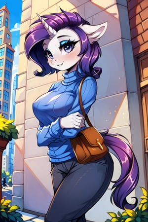 (by ashraely, by general-irrevelant, by twiren, by dagasi, by caliluminos, by zaush, by ghostoast:1.5) BREAK solo, female, (rarity \(mlp\), unicorn, anthro:1.25), ((white fur, purple hair, purple tail, curly hair, curly tail, long hair, long tail,  blue eyeshadow, blue eyes, eyelashes, mascara, horn)), (clothed, turtleneck, purple sweater, long sleeves, blue jeans, brown pouch), walking, three-quarter view, looking at viewer, outdoors, city, building, day, scenery, realistic shading BREAK score_5_up, score_4_up, best quality, amazing scenery, detailed, high detail, highly detailed, superquality, high quality, extremely high quality, detailed scenery, extremely detailed, vibrant colors, perfect anatomy, great anatomy, 4k, 8k, hi res, absurd res, superabsurd res, insane res, fine details, masterpiece, absolute masterpiece, complete quality, excellent, fresh, vibrant, striking, captivating