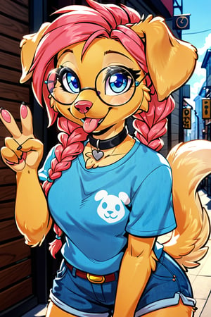 (solo, anthro, female, golden retriever, dog, canine, pink hair, braids, blue eyes, pink nose, glasses, round glasses, clothed, black collar, blue t-shirt, blue shorts:1.3), ((((looking at viewer, wink, smile, closed mouth, tongue out, v sign, standing)))), half-body portrait, front view, cowboy shot, scenery, city, outdoors BREAK (by yourdigimongirl:1.4), (by minus8:0.6), (by ittybittykittytittys:1.10), 2d \(artwork\), digital drawing \(artwork\), simple shading BREAK best quality, high quality, extremely high quality, masterpiece, 4k, 8k, 32k, 128k, hd, uhd, fhd, hi res, absurd res, superabsurd res, huge filesize, absurd filesize, insane res, ludicrous res, irreplaceable bvas, highest quality, professional work, vibrant colors, crisp outline, detailed, extremely detailed, high detail, detailed scenery, amazing scenery, beautiful, cute, adorable, soooo cute!!!!, fine details, absurd quality, absolute masterpiece, wonderful, wonderful art, marvelous, marvelous art, a1, extremely good