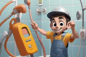 create 3d pixar animation image, the character is an electrician boy dressed in blue overalls. With a smile, he installed the new shower.
