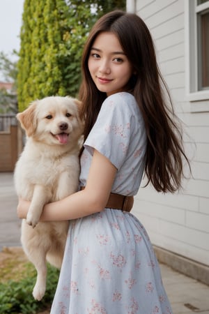 A photorealistic portrait of an 18-year-old korean girl with captivating beauty, her hair is long and is till her waist and dyed brick red, dressed like a influencer that highlight her natural beauty styling like a model holding her pet dog. her legs are thin and beautiful. She is wearing a pretty dress The background should depict a beautiful house. The girl's expression should be fun, showcasing her enjoyment of the moment.