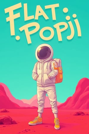 Retro-futuristic space explorer in a sleek white spacesuit with vivid orange accents, standing on a crimson alien planet with a teal sky. 'Flat-Popji' floats in 3D holographic text above the horizon, distorting as if affected by alien gravity