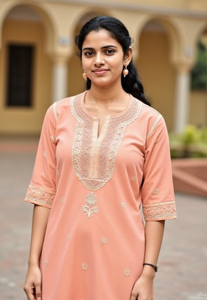 A 25-year-old Indian woman attending a family gathering, showcasing her cultural heritage in a beautifully embroidered kurti paired with matching palazzo pants. The kurti is adorned with intricate threadwork and has a knee-length cut, while the palazzos feature a subtle floral print. Her hair is styled in a sleek braid, and she wears traditional jhumka earrings. Real-Faceji